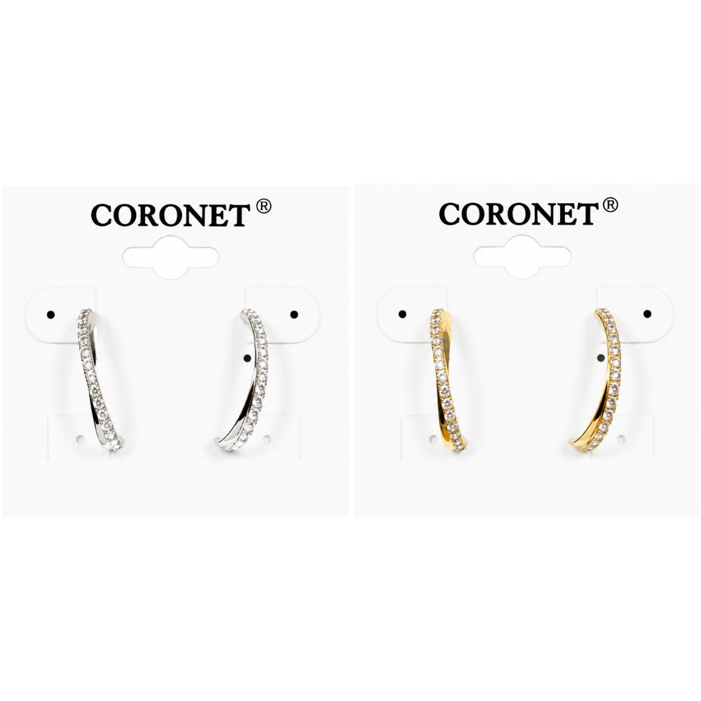 CROSSOVER CZ HOOP PIERCED EARRINGS. GOLD, SILVER. SOLD IN SETS OF 2 ONLY