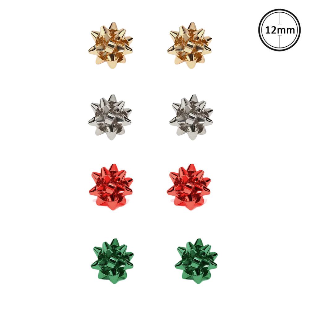 METAL CHRISTMAS GIFT BOW STUD EARRINGS. GOLD, SILVER, RED, GREEN. SOLD IN SETS OF 4 ONLY