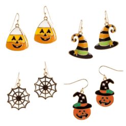 SPOOKY ENAMEL HALLOWEEN PIERCED EARRINGS. CANDY CORN, WITCH HAT, SPIDER WEB, JACK-O-LANTERN. SOLD IN SETS OF 4 ONLY