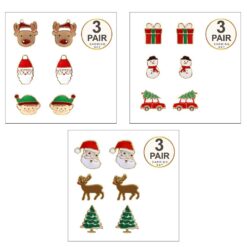 3 PAIR CHRISTMAS NOVELTY STUD EARRING SET. SOLD IN SETS OF 3 ONLY