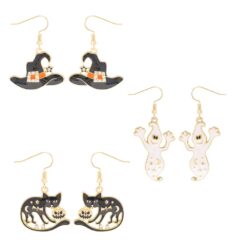HALLOWEEN ENAMEL DANGLE EARRINGS. WITCH HAT, GHOST, BLACK CAT. SOLD IN SETS OF 3 ONLY