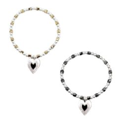 MIXED METAL BEADED STRETCH BRACELET WITH HAMMERED HEART CHARM. SILVER/GOLD, SILVER/HEMI. SOLD IN SETS OF 2 ONLY