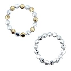 TEXTURED DISC BEAD STRETCH BRACELET. SILVER, TWO TONE. SOLD IN SETS OF 2 ONLY