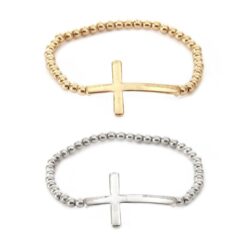 SIDEWAYS CROSS METAL BEAD STRETCH BRACELET. GOLD, SILVER. SOLD IN SETS OF 2 ONLY