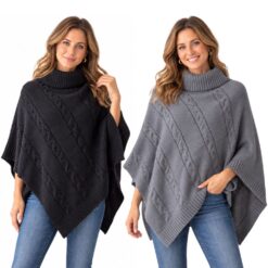 CABLE KNIT COWL NECK PONCHO. BLACK, GREY. SOLD IN SETS OF 2 ONLY