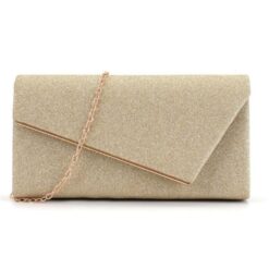 GOLD METALLIC SHIMMER FOLDOVER EVENING BAG W/ DETACHABLE CHAIN STRAP. 9X4.5X2