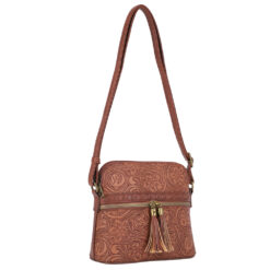 BROWN DOME TOOLED CROSSBODY. 7.5X1X4.38