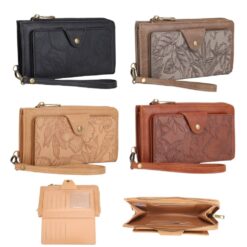 FLORAL TOOLED ZIP AROUND WRISTLET WALLET. 4 COLOR PACK: BLACK, BROWN, STONE, & CAMEL. 7.5X1X4.38