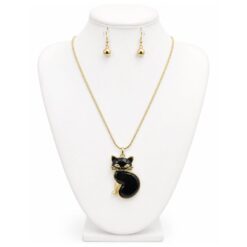 BLACK ENAMEL CAT PENDANT NECKLACE SET