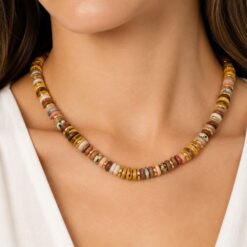 EARTH TONE & GOLD MIXED SEMI-PRECIOUS RONDELLE DISC BEAD NECKLACE