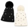 PEARL ACCENT WINTER HAT W/ FUR POM POM. BLACK, IVORY. SOLD IN SETS OF 2 ONLY