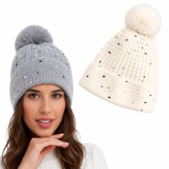 CONFETTI SPECKLE POM POM KNIT WINTER HAT. GREY, IVORY. SOLD IN SETS OF 2 ONLY
