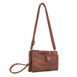 BROWN TOOLED CONVERTIBLE CROSSBODY. 8.75X5.5X1.5. ARRIVES MID-JULY