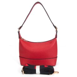 RED PEBBLED SMALL HOBO W/ REMOVABLE GUITAR STRAP. 9.5X6.35X3.25