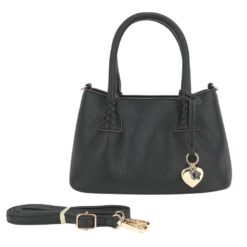 BLACK SATCHEL WITH CROSSBODY STRAP & HEART CHARM ACCENT. 9.5X6X4