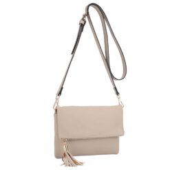 TAUPE FOLDOVER CONVERTIBLE CROSSBODY/CLUTCH. 8.5x5.8x1