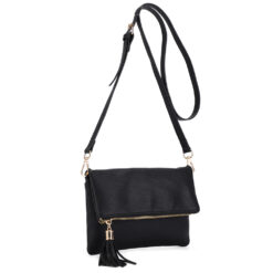 BLACK FOLDOVER CONVERTIBLE CROSSBODY/CLUTCH. 8.5x5.8x1