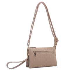 KHAKI WOVEN TEXTURE MULTI-POCKET CROSSBODY/WRISTLET. 8.85X5.5X3.5