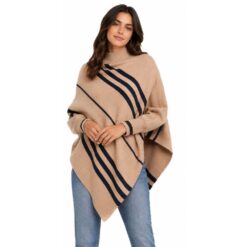 CAMEL ASYMMETRICAL STRIPE KNIT PONCHO SWEATER