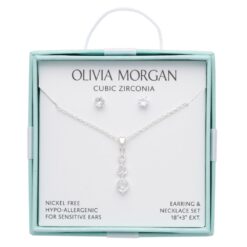SILVER 3 CZ DROP NECKLACE & EARRING SET IN AQUA GIFT BOX