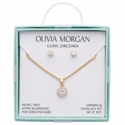 GOLD ROUND HALO CZ NECKLACE & EARRING SET IN AQUA GIFT BOX