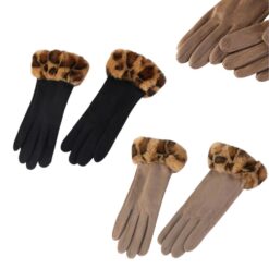LEOPARD FAUX FUR CUFF GLOVES. BLACK, TAUPE. SOLD IN SETS OF 2 ONLY. ARRIVES IN SEPTEMBER