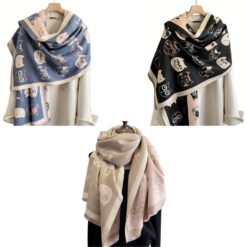 CAT PRINT REVERSIBLE OVERSIZED SCARF. BLUE, BLACK, BEIGE. SOLD IN SETS OF 3 ONLY. ARRIVES IN SEPTEMBER