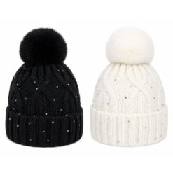 SEQUIN KNIT HAT WITH POM POM AND FUR LINING. IVORY, BLACK. SOLD IN SETS OF 2 ONLY