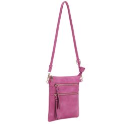 FUCHSIA SMALL MULTI-ZIP CROSSBODY BAG. 6.5x7.5X0.5