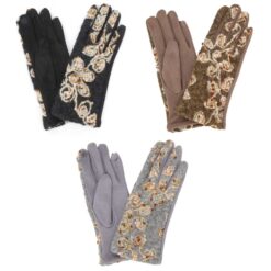 FLORAL EMBROIDERED KNIT GLOVES. BLACK, TAUPE, GREY. SOLD IN SETS OF 3 ONLY