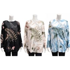 LONG SLEEVE LEAF PRINT TUNIC. BLACK, BEIGE, BLUE. SOLD IN SETS OF 3 ONLY. AVAILABLE LATE SEPTEMBER
