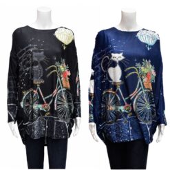 LONG SLEEVE CAT ON BIKE TUNIC.  BLACK, BLUE. SOLD IN SETS OF 2 ONLY. AVAILABLE LATE SEPTEMBER