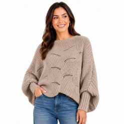 TAUPE OPEN KNIT PONCHO SWEATER. AVAILABLE MID-SEPTEMBER