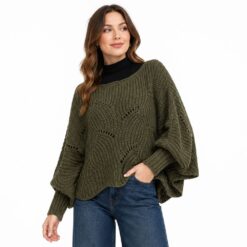 OLIVE OPEN KNIT PONCHO SWEATER. AVAILABLE MID-SEPTEMBER