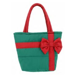 CHRISTMAS GREEN/RED BOW ACCENT QUILTED TOTE. 13x10x5