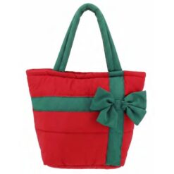 CHRISTMAS RED/GREEN BOW ACCENT QUILTED TOTE. 13x10x5