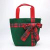 GREEN CHRISTMAS TOTE WITH RED PLAID BOW. 13X10X5