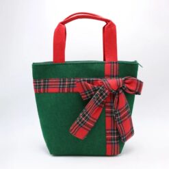 GREEN CHRISTMAS TOTE WITH RED PLAID BOW. 13X10X5