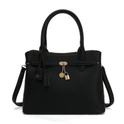 BLACK STRUCTURED LOCK SATCHEL WITH CHARM ACCENT