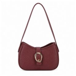 WINE SHOULDER BAG WITH GOLD OVAL ACCENT. 8.5X10.5X5.5. AVAILABLE TO SHIP EARLY OCTOBER