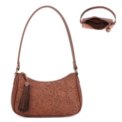 BROWN TOOLED SHOULDER BAG WITH TASSEL. 10x6x3.5. AVAILABLE TO SHIP EARLY OCTOBER