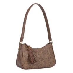 STONE TOOLED SHOULDER BAG WITH TASSEL. 10x6x3.5. AVAILABLE TO SHIP EARLY OCTOBER