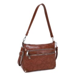 BROWN TOOLED DUAL STRAP MULTI ZIP CROSSBODY. 10X7.5X4. AVAILABLE TO SHIP EARLY OCTOBER