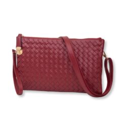 BURGUNDY WOVEN CROSSBODY & WRISTLET BAG. 11.5x7x1.5