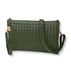 OLIVE WOVEN CROSSBODY & WRISTLET BAG. 11.5x7x1.5