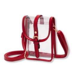 RED CLEAR BUCKLE STRAP CROSSBODY BAG. 5X7X2
