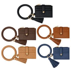 CARD HOLDER WALLET WITH DETACHABLE BANGLE. 5 COLOR PACK. BLACK, CHOCOLATEM COGNAC, TAN, BLUE. 4.3X3.5